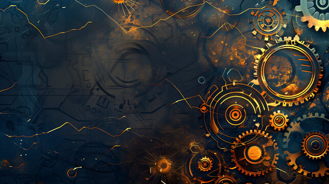background with gears 3D image ,
Gears and cogs on a blue background with a gold clock