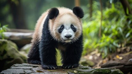 Obraz premium A black and white panda bear is standing confidently on a rock, displaying its unique markings and fluffy fur.