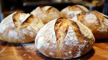 Generative AI Artfully scored boules of artisan bread, highlighting the contrast between crust and crumb.