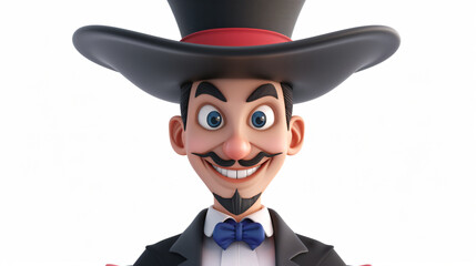 A delightful 3D illustration of a cheerful magician, sporting a wide smile and donning a classic top hat and cape. This close-up portrait captures the enchanting aura of a mystifying magic s