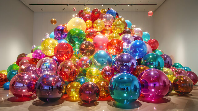 colorful glass balls 3d image,
A large, colorful sculpture hangs in a gallery with a round light above it
