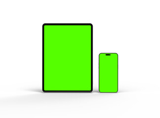 3d render of smartphone and tablet with a green screen on a transparent background