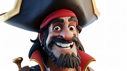 A lively and charming 3D illustration of a cheerful pirate, captured in a close-up portrait. With a...