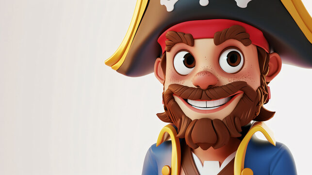 A lively and charming 3D illustration of a cheerful pirate, captured in a close-up portrait. With a mischievous grin and a twinkle in his eye, this lovable character is full of adventure and