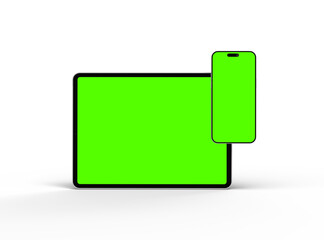 3d render of smartphone and tablet with a green screen on a light background