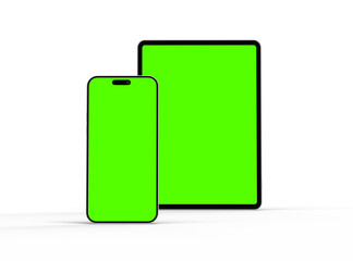 3d render of smartphone and tablet with a green screen on a light background