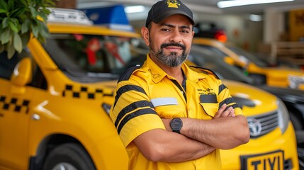 Confident young bearded taxi driver with arms crossed smiling in front of yellow cab