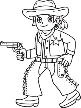 Cowgirl with a Gun Isolated Coloring Page for Kids