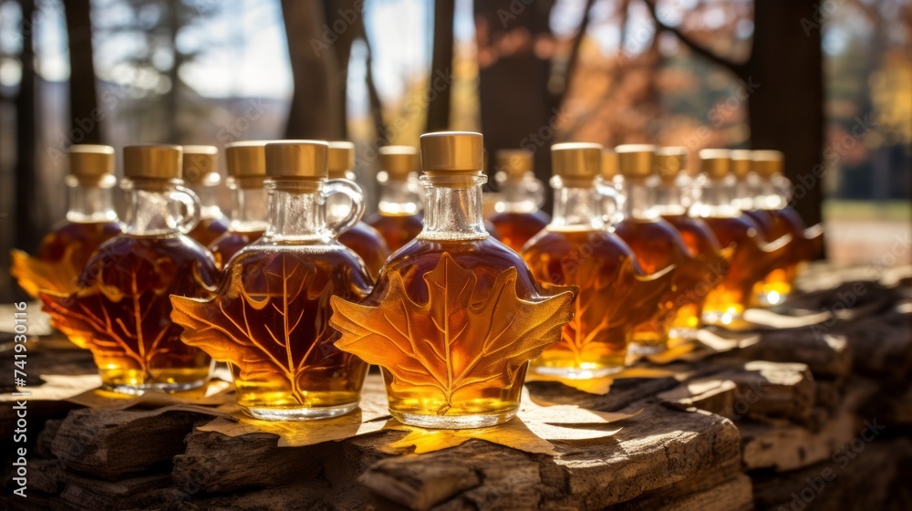 Wall mural generative ai bottles of pure, golden maple syrup arranged against a rustic maple tree backdrop