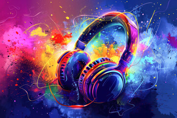 World music day illustration with headphones exploding with bright colorful colors.
