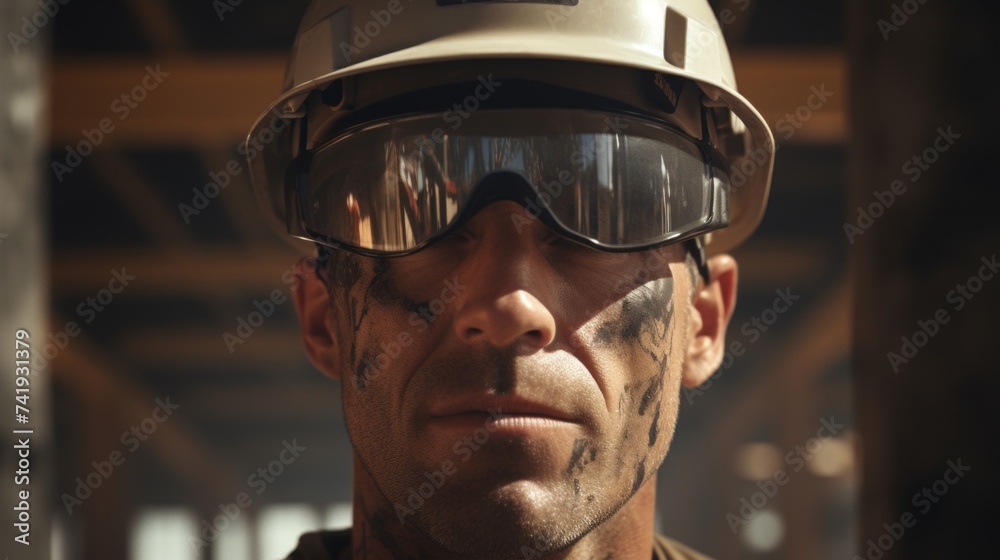 Poster Generative AI Close-up of a builder using a power tool at a construction site, focused on craftsmanship, building materials visible