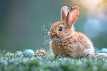 Fototapeta premium easter card, cute rabbit among paschal eggs