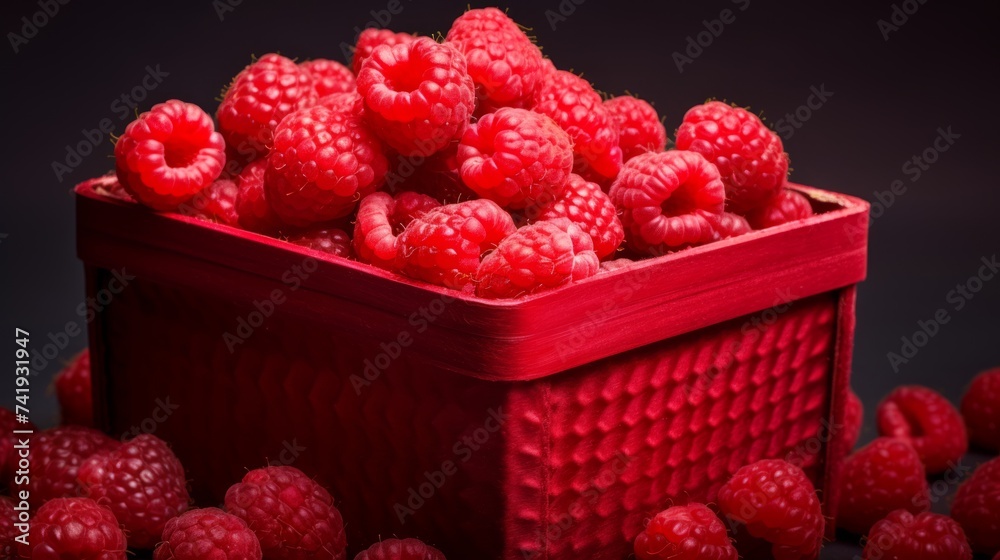 Poster Close-up realistic photo capturing a box filled with vibrant red raspberries Generative AI