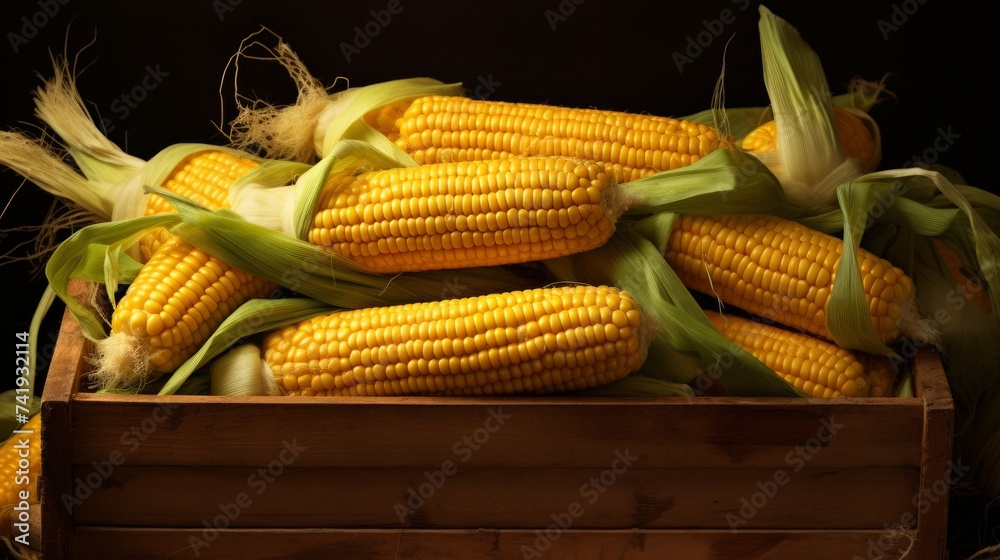 Poster close-up realistic photo capturing a box brimming with yellow corn cobs generative ai