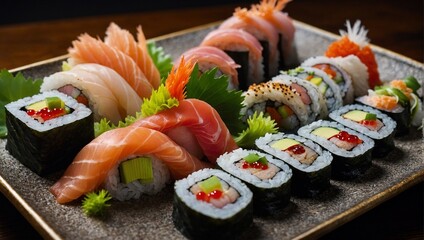 On the table, a meticulously arranged array of Japanese dishes. The vibrant colors of fresh sashimi, intricate patterns of sushi rolls.