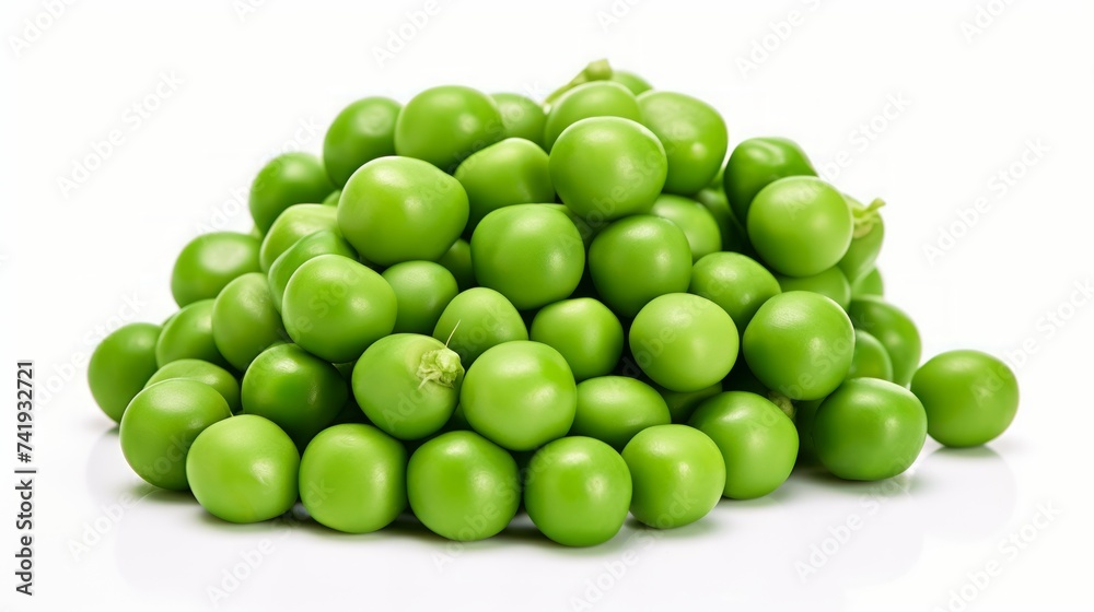 Poster close-up realistic photo of a small mound of green peas on a white background generative ai