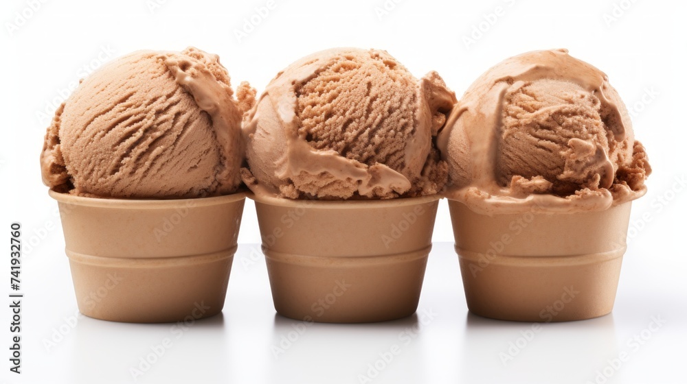 Poster close-up realistic photo of three scoops of hazelnut gelato on a white background generative ai