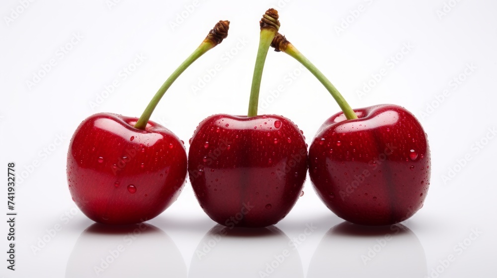 Poster close-up realistic photo of three sweet, ripe red cherries on a white background generative ai