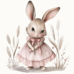 Charming anthropomorphic rabbit in a soft pink dress with a bow.