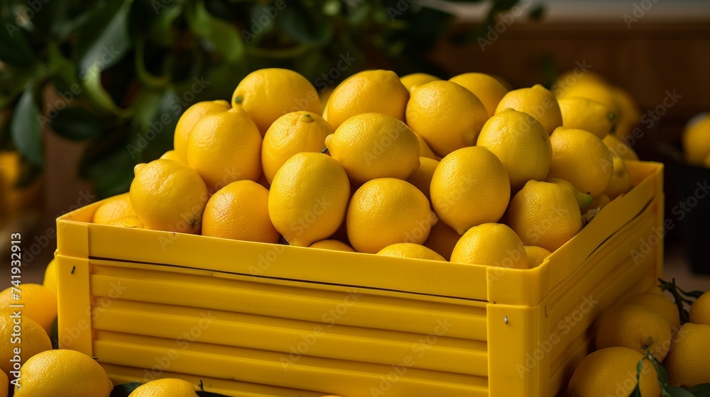 Poster close-up realistic photo showcasing a box filled with vibrant yellow lemons generative ai
