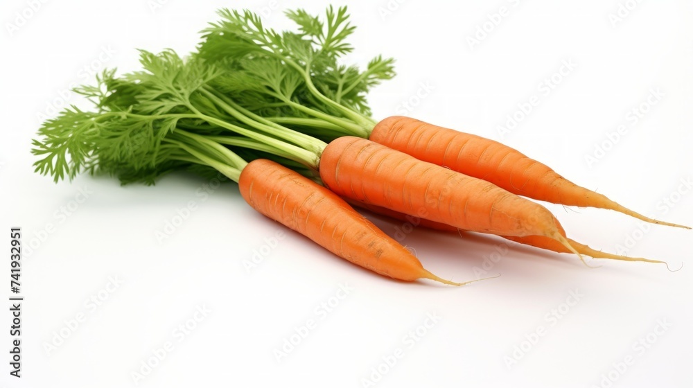 Poster close-up realistic photo showcasing three freshly harvested carrots on a white background generative