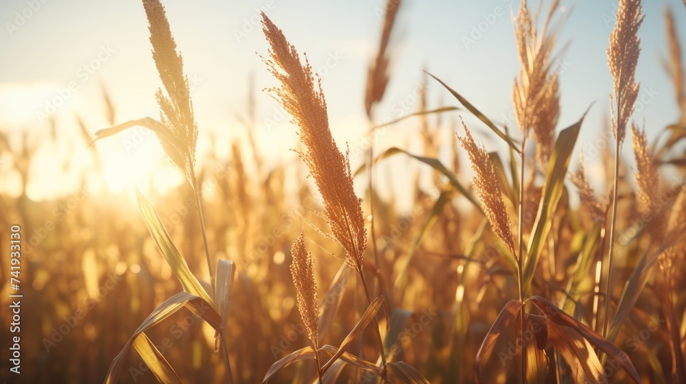 Poster Generative AI Close-up shot showcasing the ripe cornstalks swaying gently in the breeze in a field at dusk.