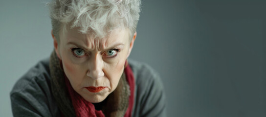 Frowning senior woman. Angry belligerent senior woman looking at the camera. portrait of a angry grandma. Senior grey-haired woman wearing casual clothes skeptic and nervous. - obrazy, fototapety, plakaty
