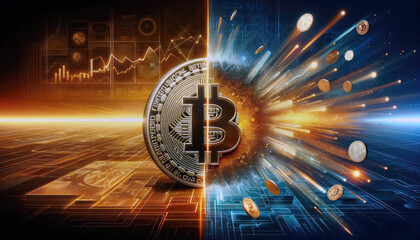 Hologram image of Bitcoin block reward reduce 50% after halving, bitcoin mining concept, node, blockchain technology, digital currency, event of cryptocurrency