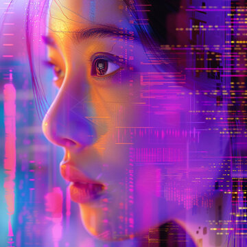 A composite image of an asian young lady showcasing the various applications of facial recognition technology.