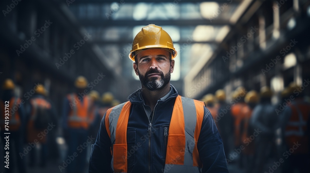 Poster generative ai construction site with a builder leading a safety briefing, ensuring compliance, team 