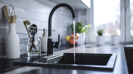 Generative AI Contemporary matte black kitchen faucet, sleek lines, water stream, clean and minimalistic design, white background, cute sticker art --ar 16:9 --v 6 Job ID: 825eb9ab-3066-4a00-9edd-bfab - obrazy, fototapety, plakaty