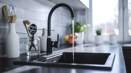 Foto op Plexiglas Generative AI Contemporary matte black kitchen faucet, sleek lines, water stream, clean and minimalistic design, white background, cute sticker art --ar 16:9 --v 6 Job ID: 825eb9ab-3066-4a00-9edd-bfab © vadosloginov