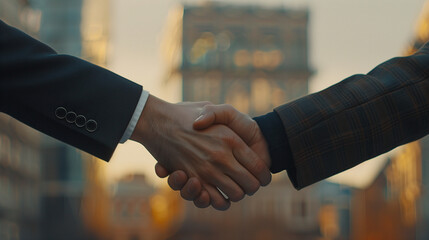 Two businessmen finalize a lucrative business agreement with a handshake, captured in close-up, with city buildings blurred in the background - obrazy, fototapety, plakaty