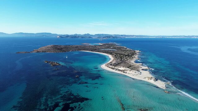 Aerial shot of Espalmador island at Formentera bay, Balearic Islands