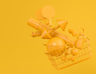 Sport equipment for fitness, gym in shopping basket on monochrome