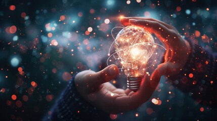 A person is holding a light bulb in their hands, the bulb is illuminated, casting a soft light on their fingers. The person appears to be examining the light bulb closely - Powered by Adobe