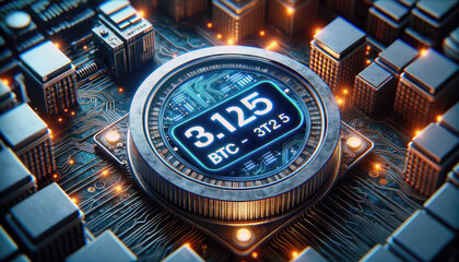 Hologram image of Bitcoin block reward reduce 50% after halving, bitcoin mining concept, node, blockchain technology, digital currency, event of cryptocurrency