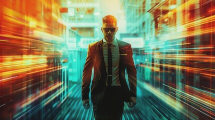 A man dressed in a suit and tie briskly walks through the bustling streets of a city, surrounded by skyscrapers and busy pedestrians - obrazy, fototapety, plakaty