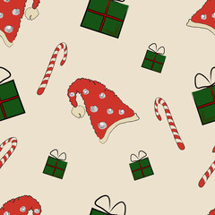 Seamless Christmas pattern in festive color, candy cane, red hat, green gift