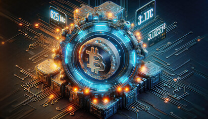 Obraz premium Hologram image of Bitcoin block reward reduce 50% after halving, bitcoin mining concept, node, blockchain technology, digital currency, event of cryptocurrency