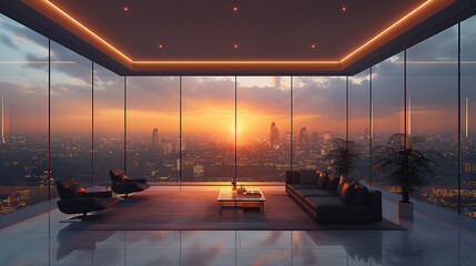 Modern apartment with view of London cityscape at sunset. AI