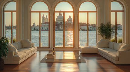 Fototapeta na wymiar Modern minimalist interior design of living room and view of Venice architecture and canals. Generative AI