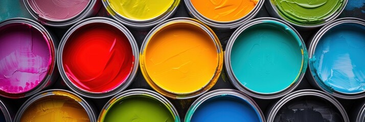 Different colors of paints in cans or colorful paint background, top view