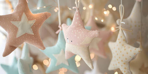 Stars Pillows. Pastel star-shaped Nursery Mobile. Background for a baby products store, pink blue.