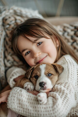 Tender Embrace: Child and Puppy. Close-up of a smiling young girl affectionately hugging a small puppy, capturing a moment of pure joy and companionship, vertical.
