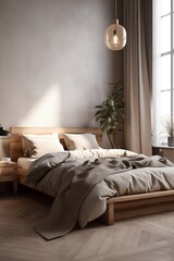 Modern Bedroom with Large Wooden Bed and Light Gray Walls
