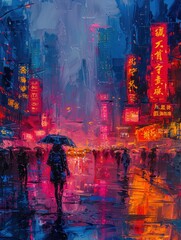 impasto painting , A city at night comes to life with people bustling about, each holding umbrellas to shield themselves from the rain. The vibrant city lights reflect off the wet pavement, creating a