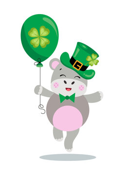 St Patrick's day hippo holding a green balloon with clove