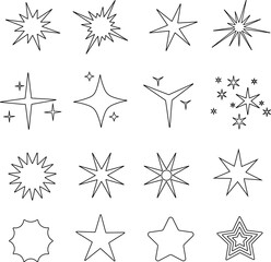 Vector set of stars icon. Lineal stars on a white background. Space object, spark, flash, light. Good for stickers, web, print, newyear design, brochures, flyers.
