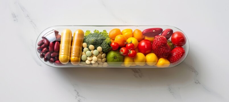 Nutrient rich supplement capsule with fruit, vegetables, nuts, and beans for enhanced nutrition